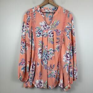 Moa Moa Top Women 2X Peach Floral V-Neck Long Sleeve Blouse Cottage Crochet Trim